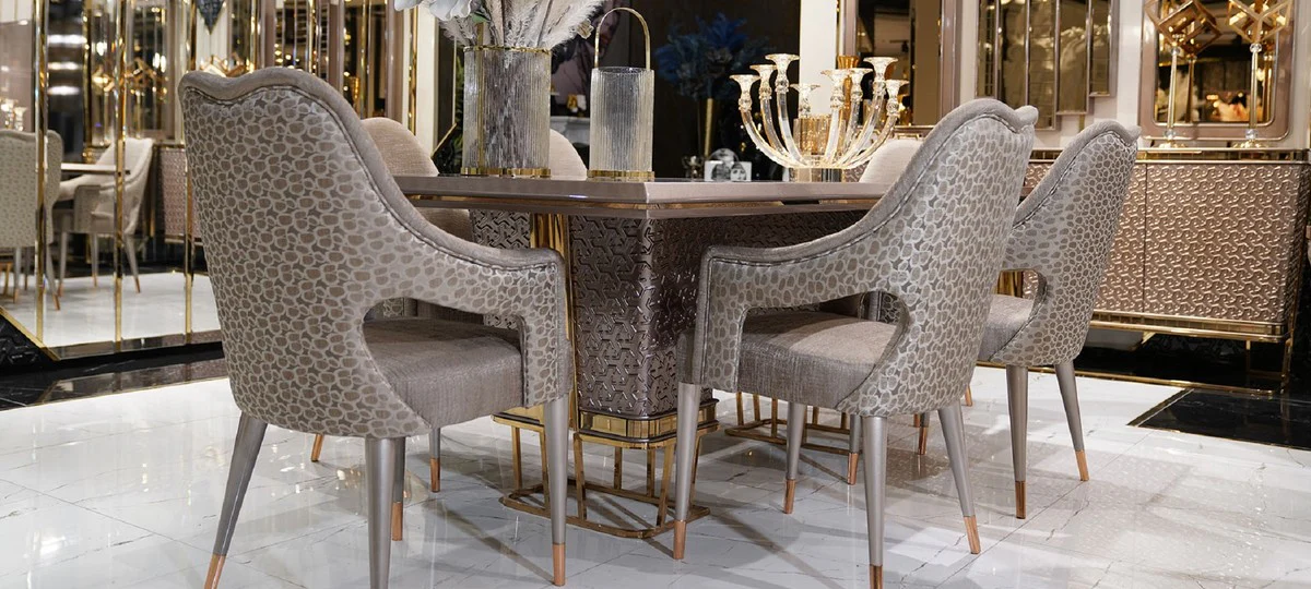 Luxury Dining Room Set White / Gray / Gold - 1 Luxury Dining Table & 6 Luxury Dining Chairs - Luxury Dining Room Furniture