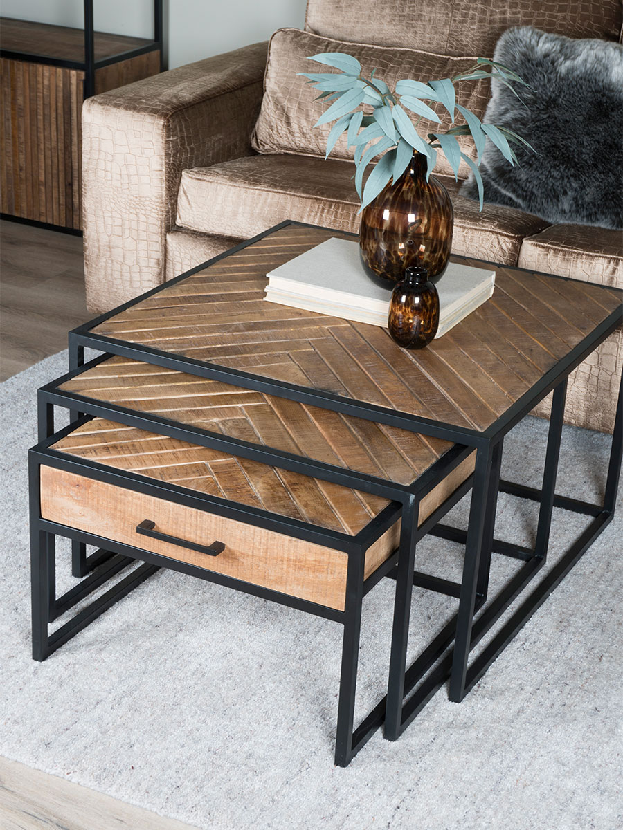 Salontafel Ruby visgraat zwart mangohout – set van 2