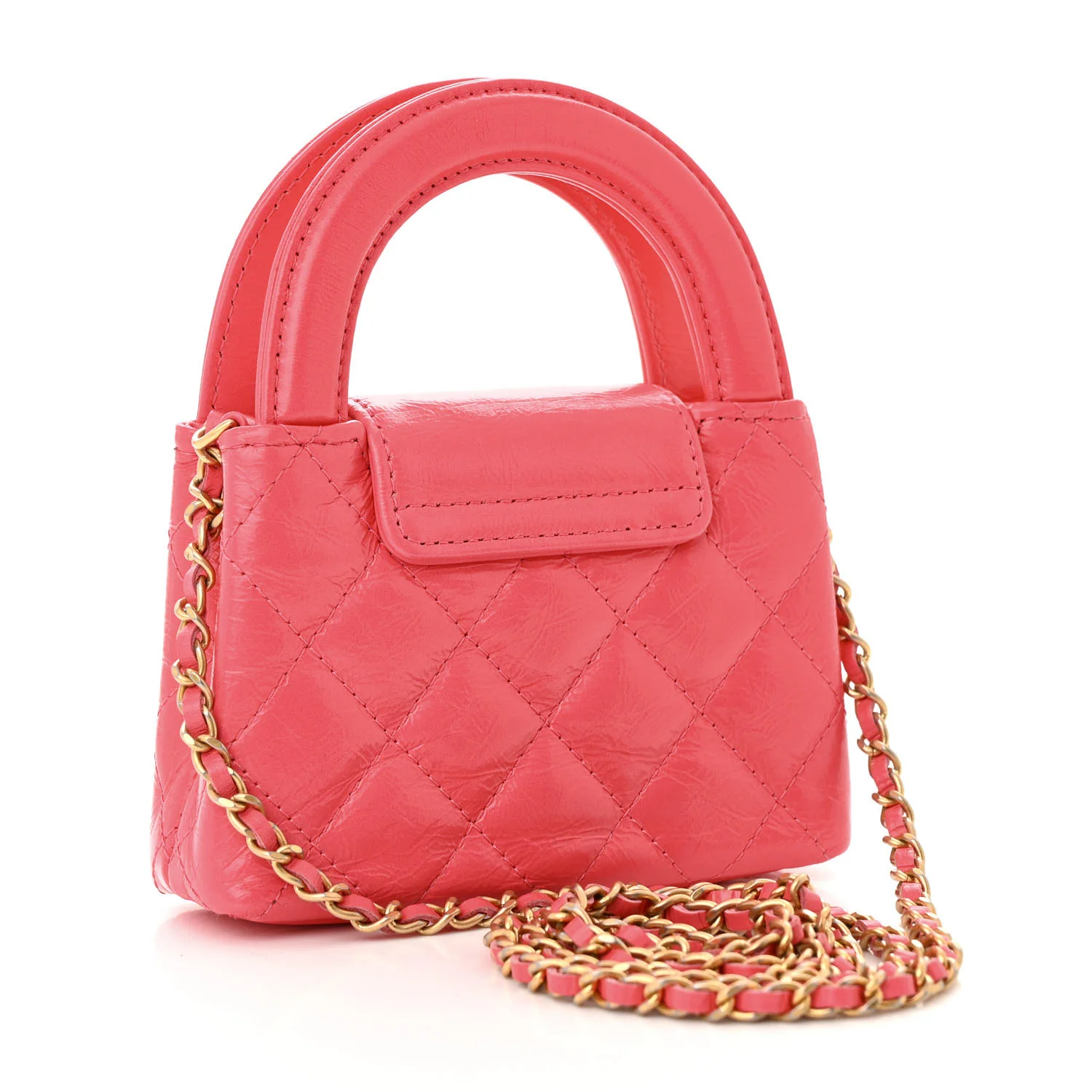 Shiny Aged Calfskin Quilted Mini Nano Kelly Shopper Dark Pink - Top Club