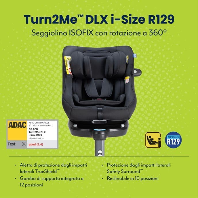 Graco - Turn2Me™ DLX i-Size R129 Seggiolino auto evolutivo 2 in 1 ISOFIX con rotazione a 360°, da 40 a 105 cm (dalla nascita fino a 4 anni circa), colore Midnight