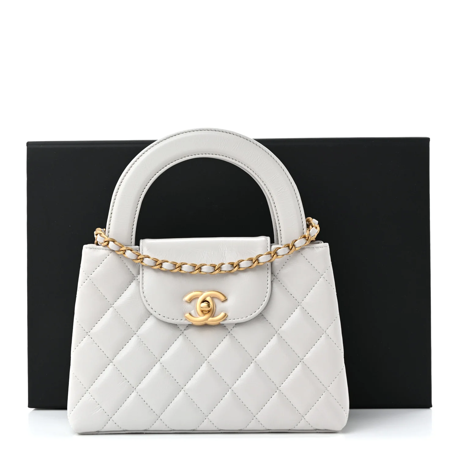 Shiny Aged Calfskin Quilted Nano Kelly Shopper Light Grey - Top Club