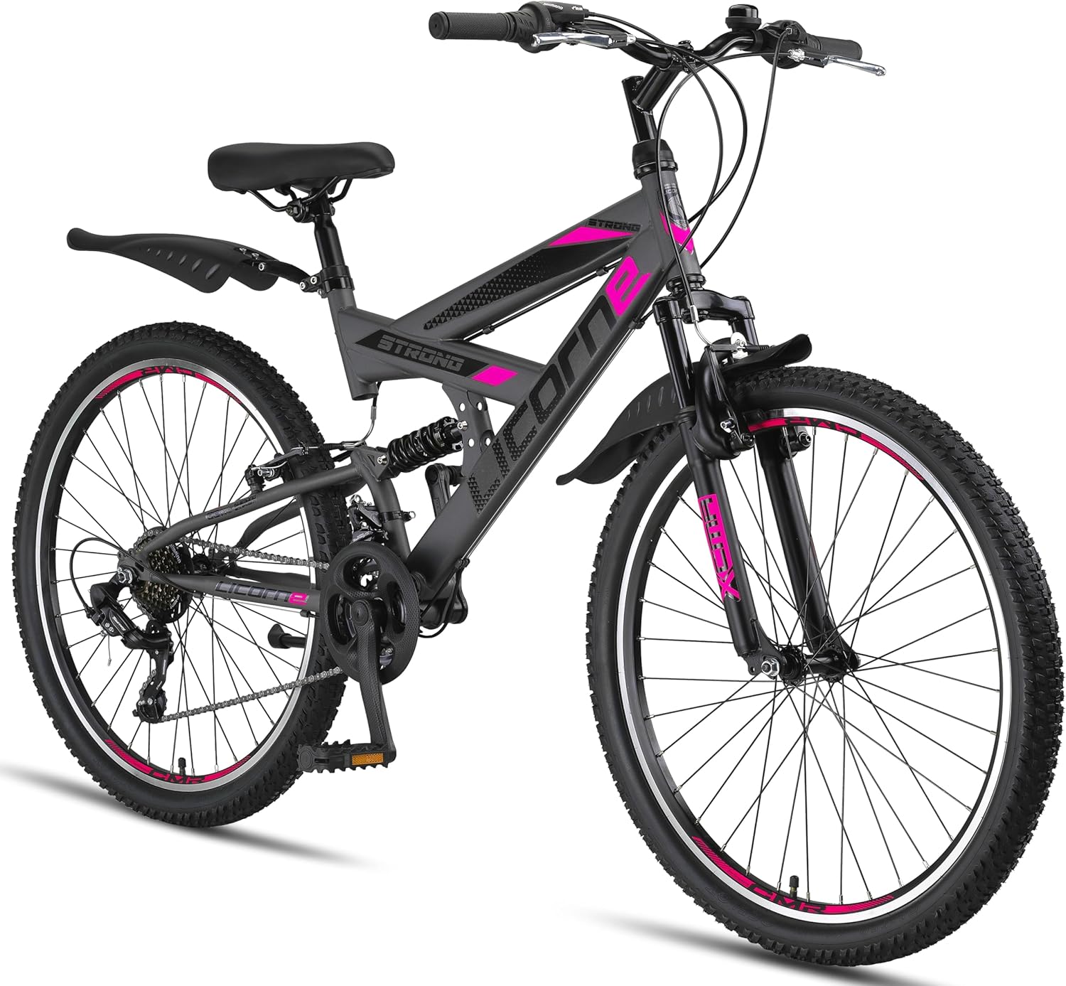 Licorne Bike Premium Mountain Bike Strong da 26 pollici, bicicletta per ragazzi, ragazze, donne e uomini, con cambio Shimano a 21 marce, sospensioni complete