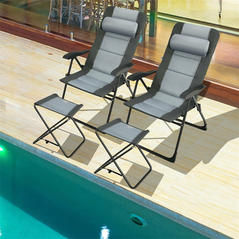 4 Pcs Patio Folding Chair with 2 Foot Tools, Outdoor Camping Chair with 7 Position Adjustable Backrest Headrest Mesh Bag