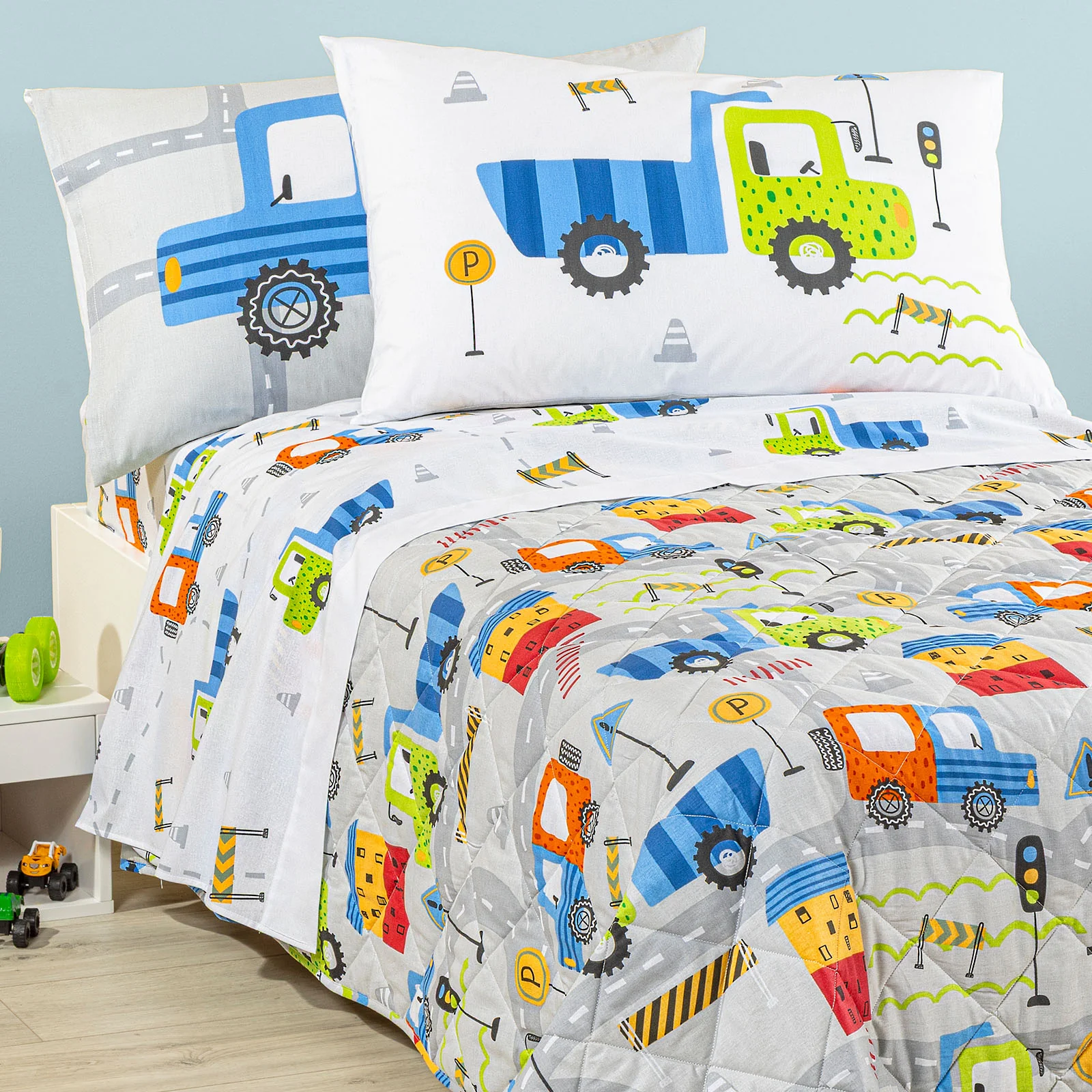 Copriletto Trapuntato In Cotone City Car Piazza E Mezza Grigio Caleffi Kids