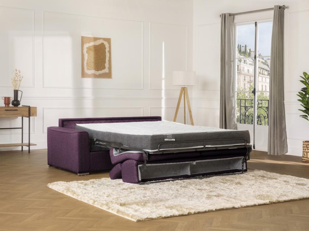 Sofá cama de 3 plazas de tela de apertura rápida VIZIR - Violeta - Somier de láminas de 140 cm - Colchón de 22 cm con memoria de forma
