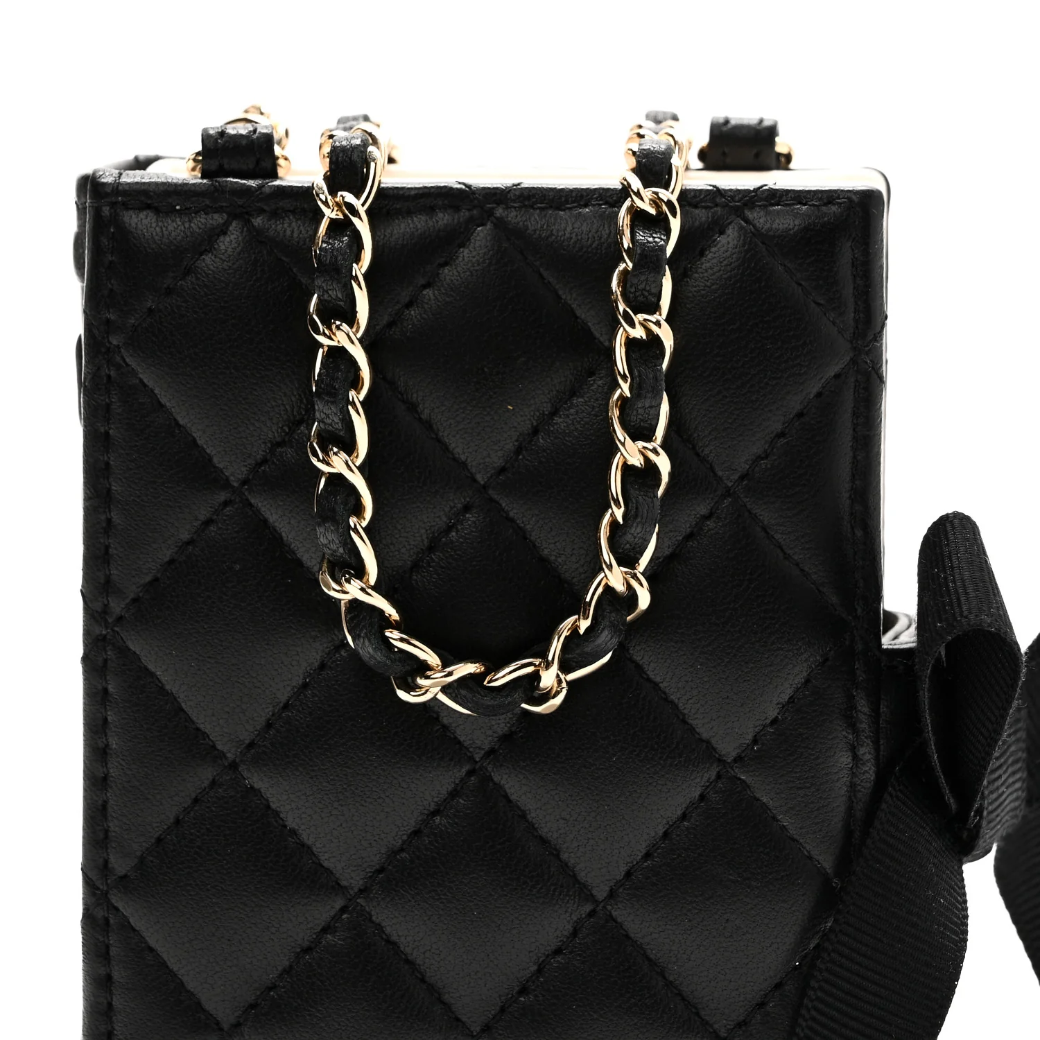 Lambskin Quilted Book Card Holder on Chain Black - Top Club