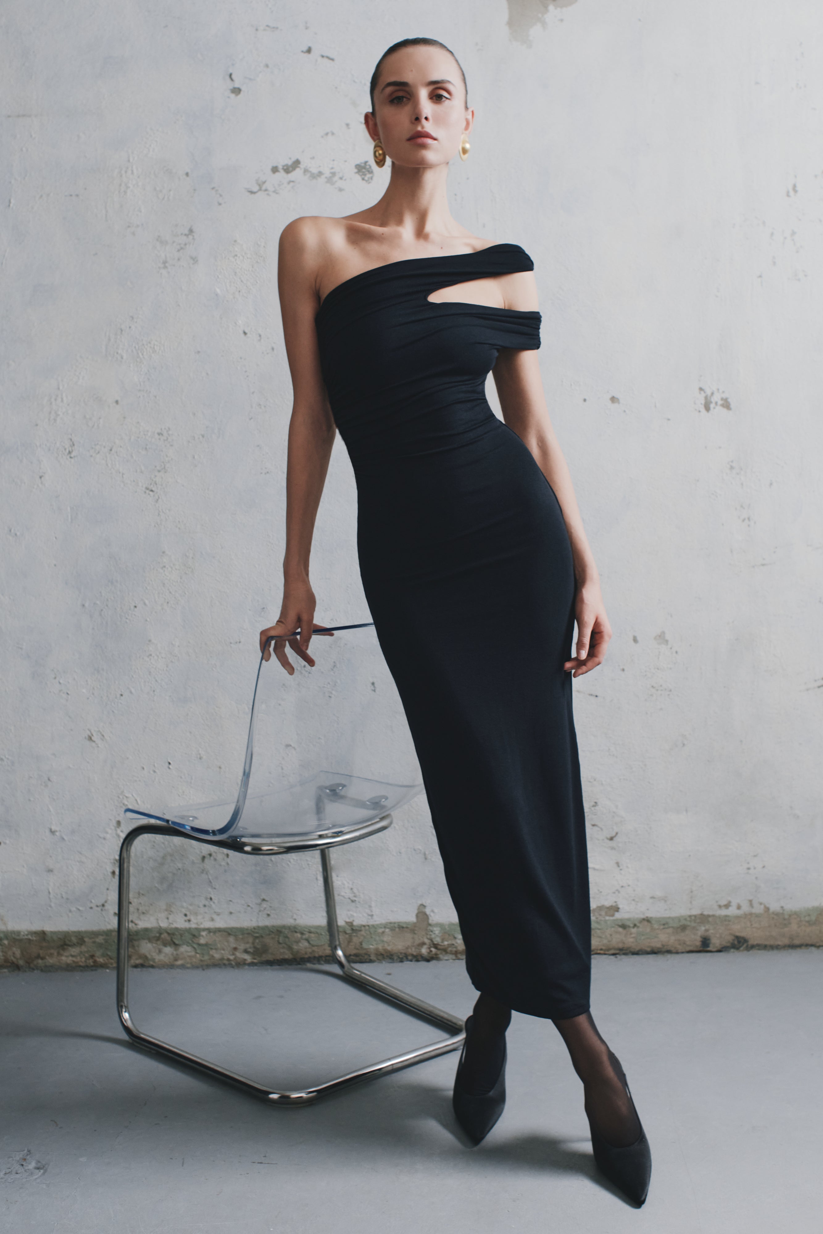 Anastasia One Shoulder Modal Midi Dress - Black