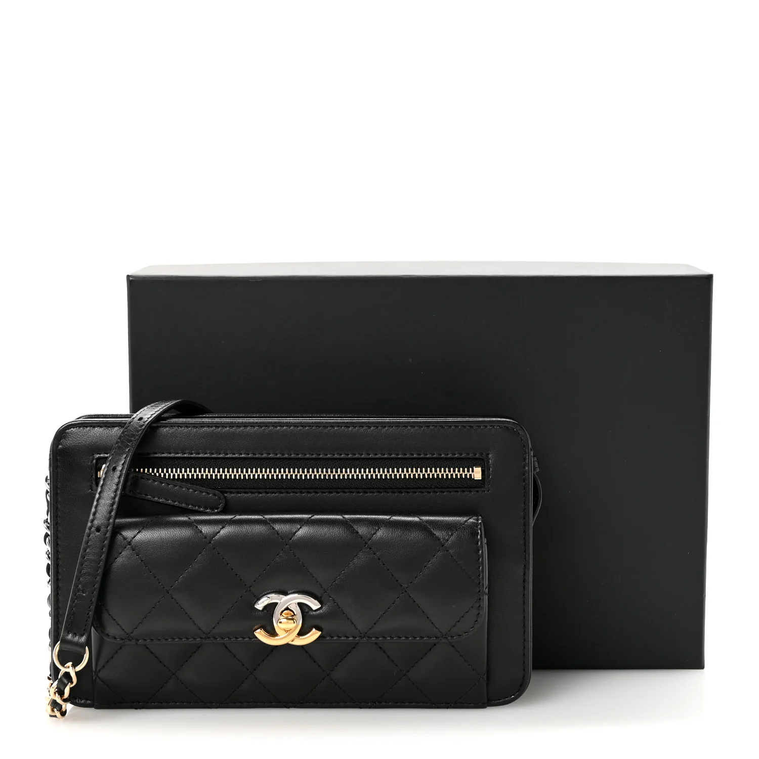 Lambskin Quilted Front Pocket Clutch With Chain Black - Top Club