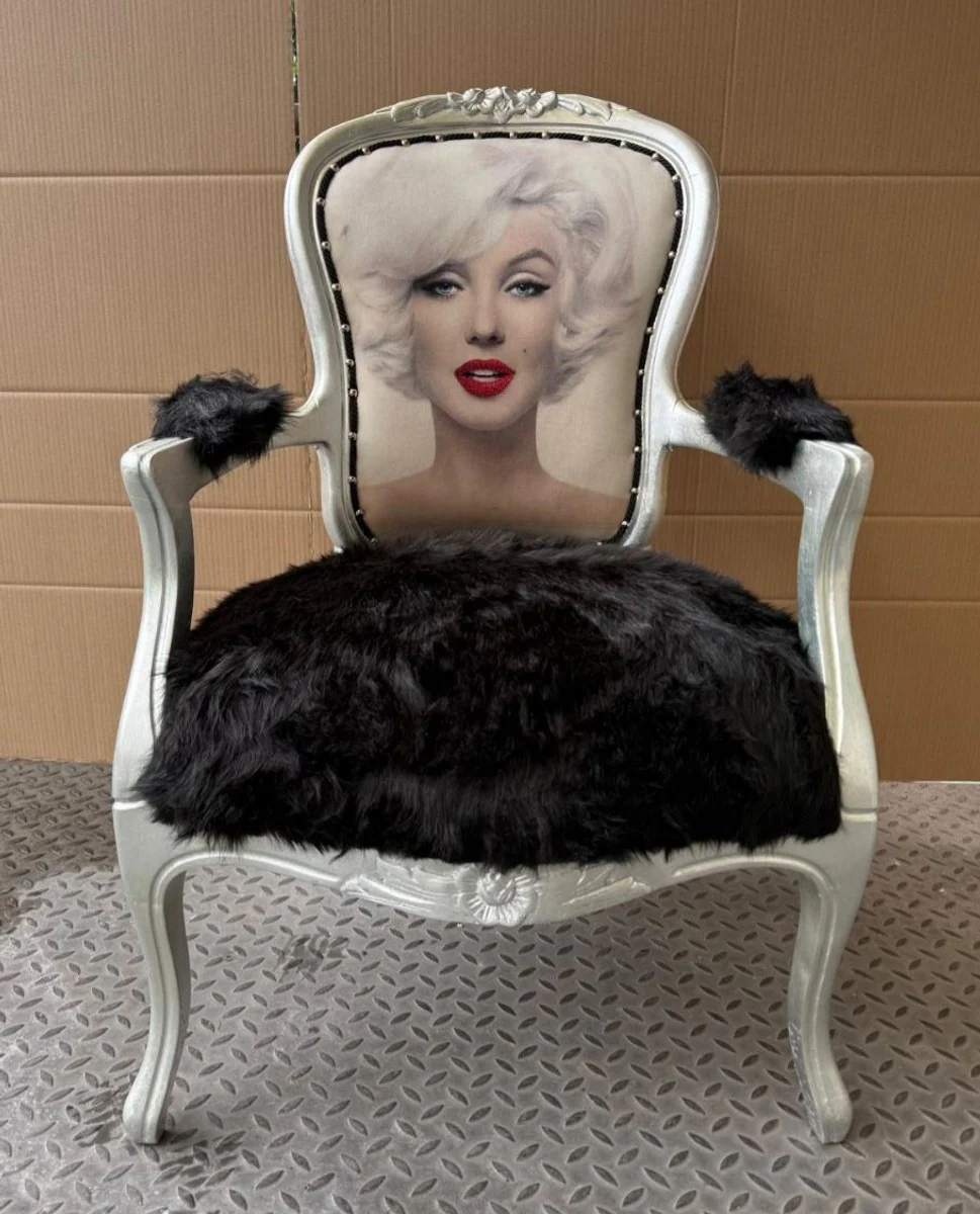 Luxury Baroque Salon Chair with Armrests Black / Silver - Baroque Furniture