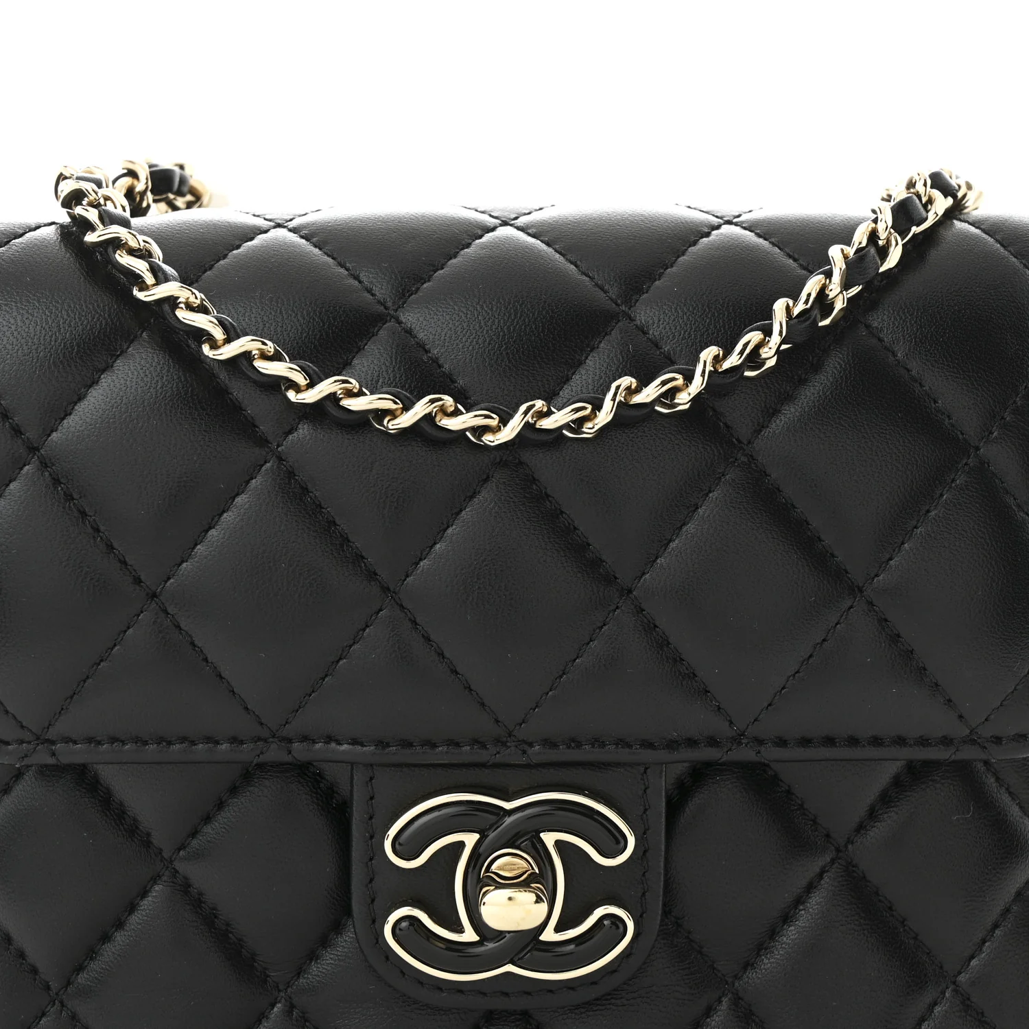 Lambskin Resin Quilted Mini Heart Square Flap Black - Top Club