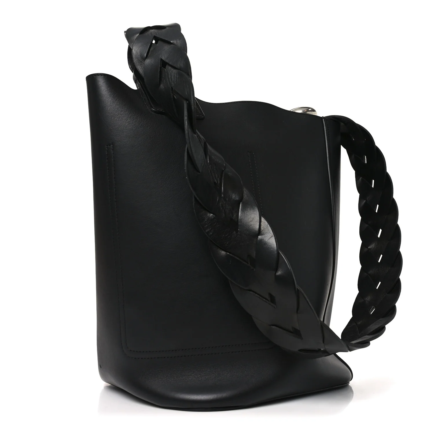 Smooth Calfski Large Woven Pebble Bucket Bag Black - Top Club