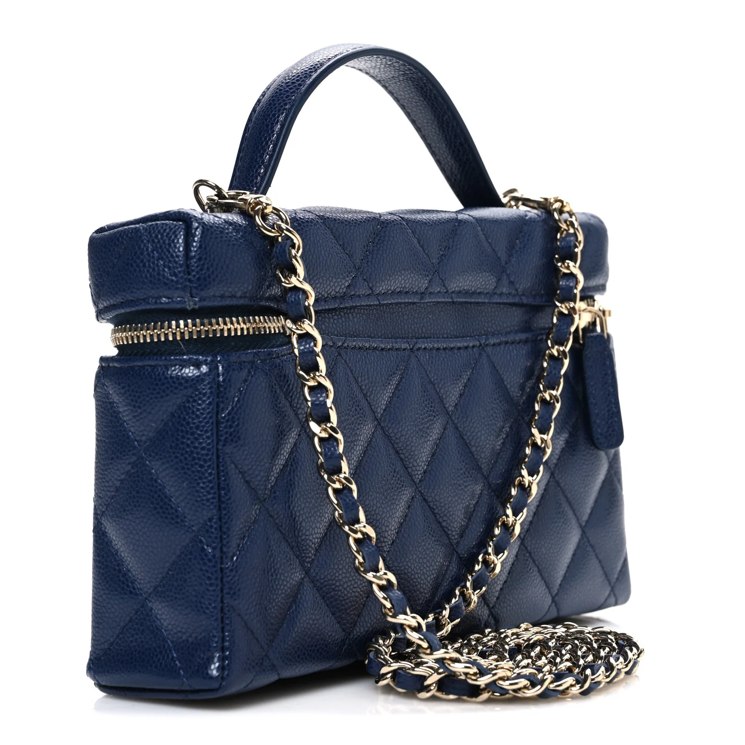Caviar Quilted Top Handle Slim Vanity With Chain Navy - Top Club