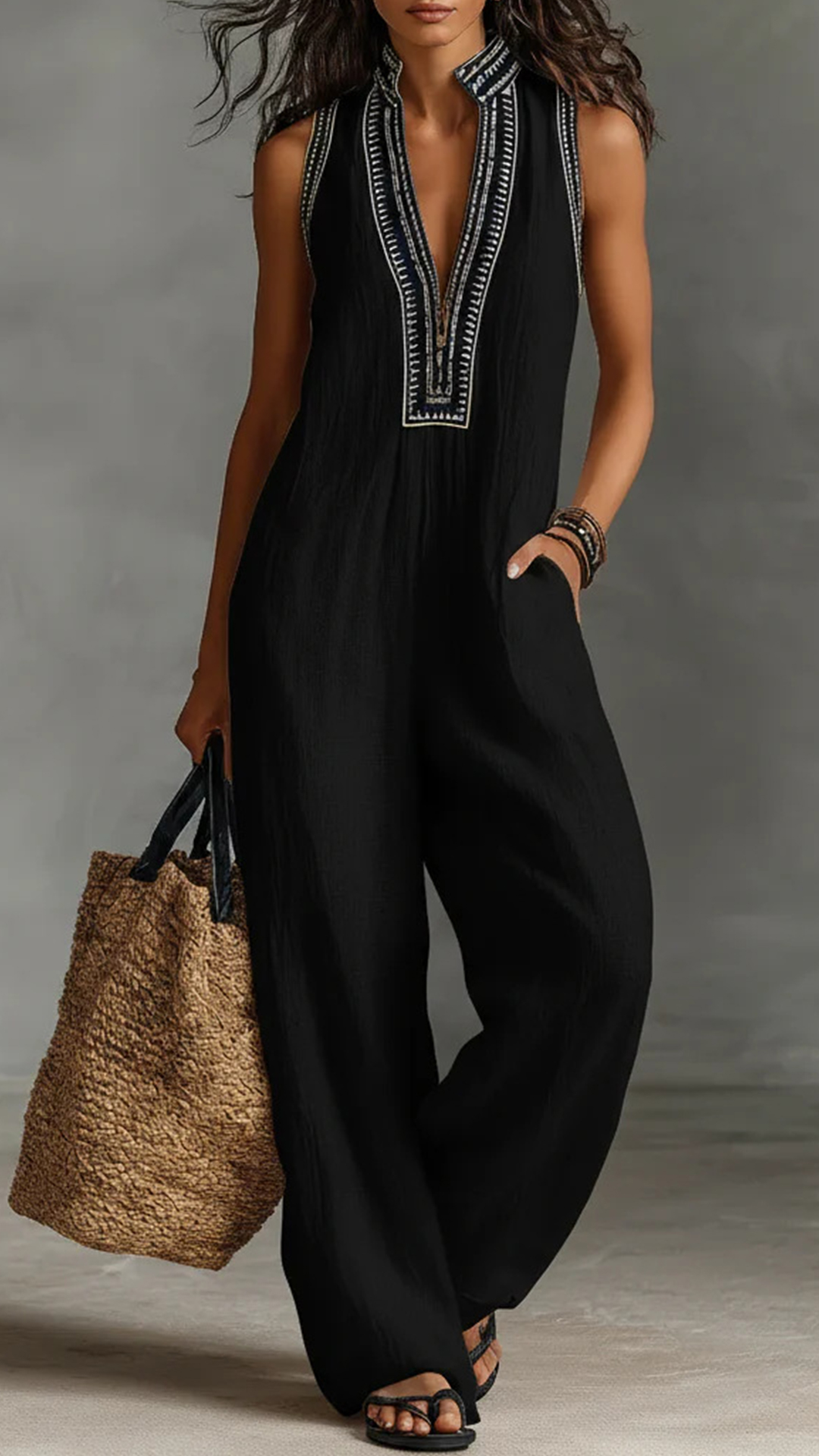 Embroidered Stand Collar Sleeveless Cotton Linen Wide-Leg Jumpsuit - Nordfashionstorm - Women's Clothing, Fashion for You - Nordfashionstorm.com