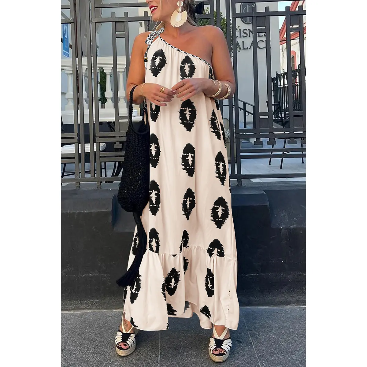 PrettyGarden Women's One Shoulder Spaghetti Strap Printed A Line Flowy Boho Maxi Long Sundress