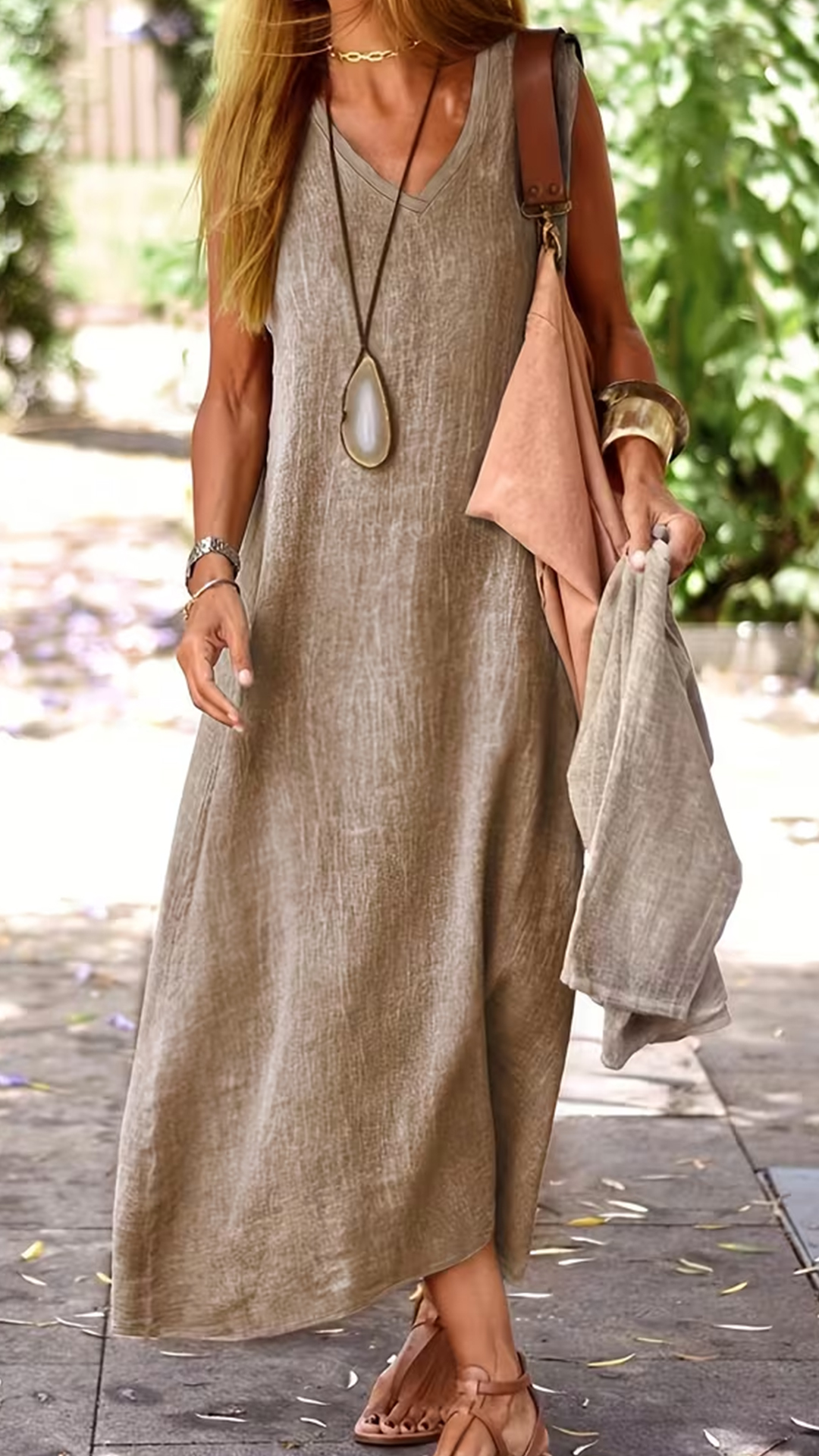 Women's Vintage-effect V-neck Sleeveless Loose Maxi Dress - Nordfashionstorm - Women's Clothing, Fashion for You - Nordfashionstorm.com
