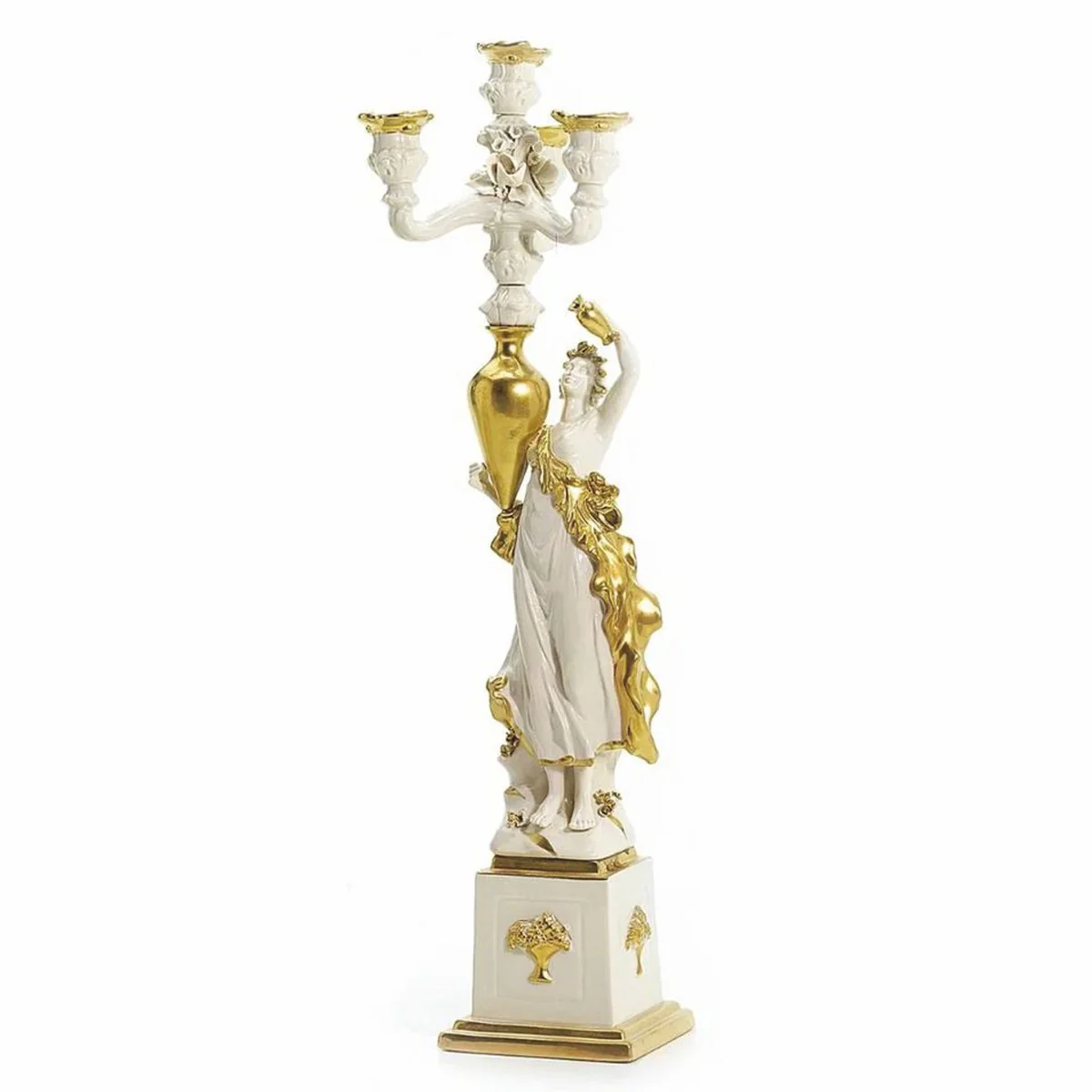 Luxury Baroque Porcelain Candle Holder Right Side White / Gold H. 68 cm - Made in Italy