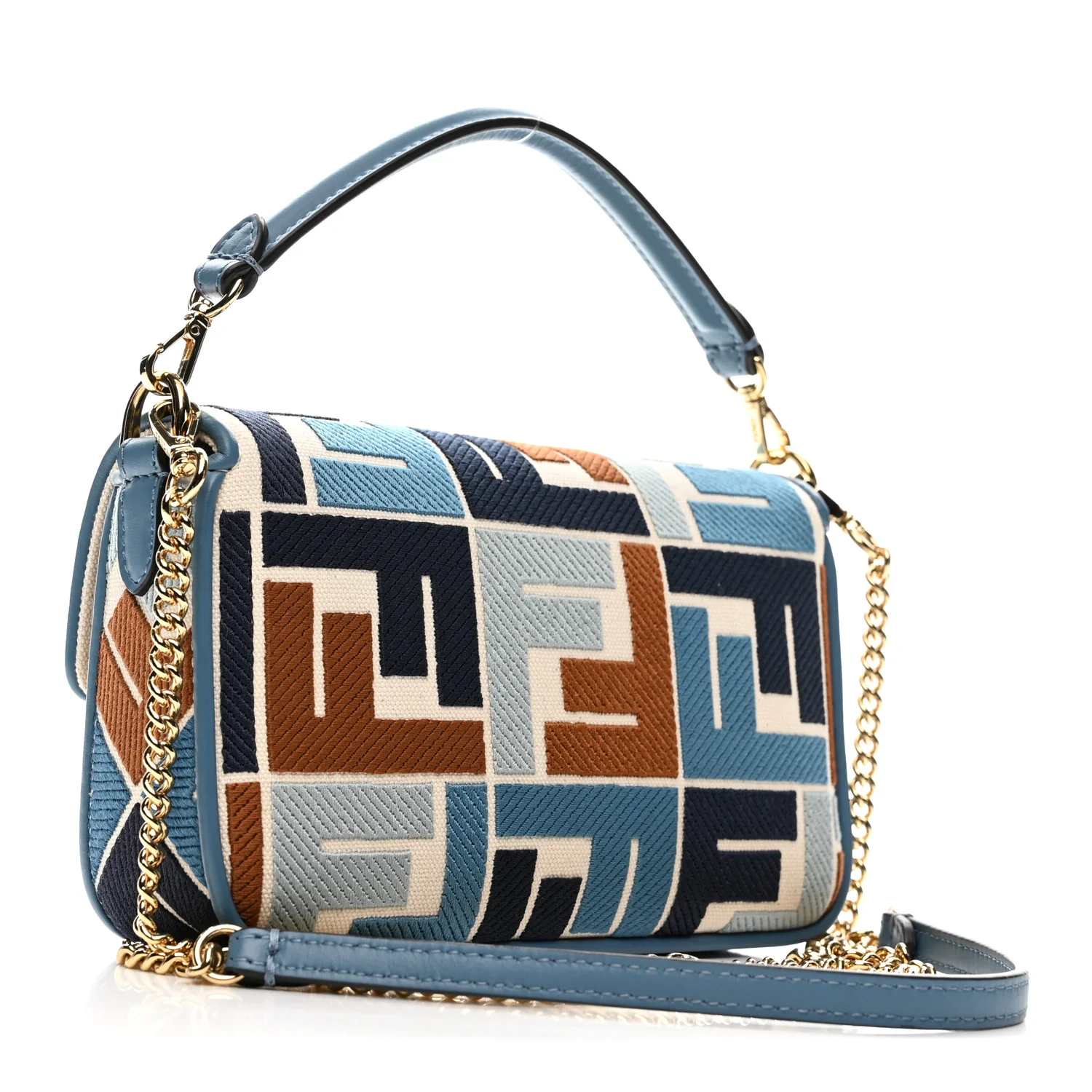Canvas Vitello King Seta FF Embroidered Mini Baguette Blue Multicolor - Top Club