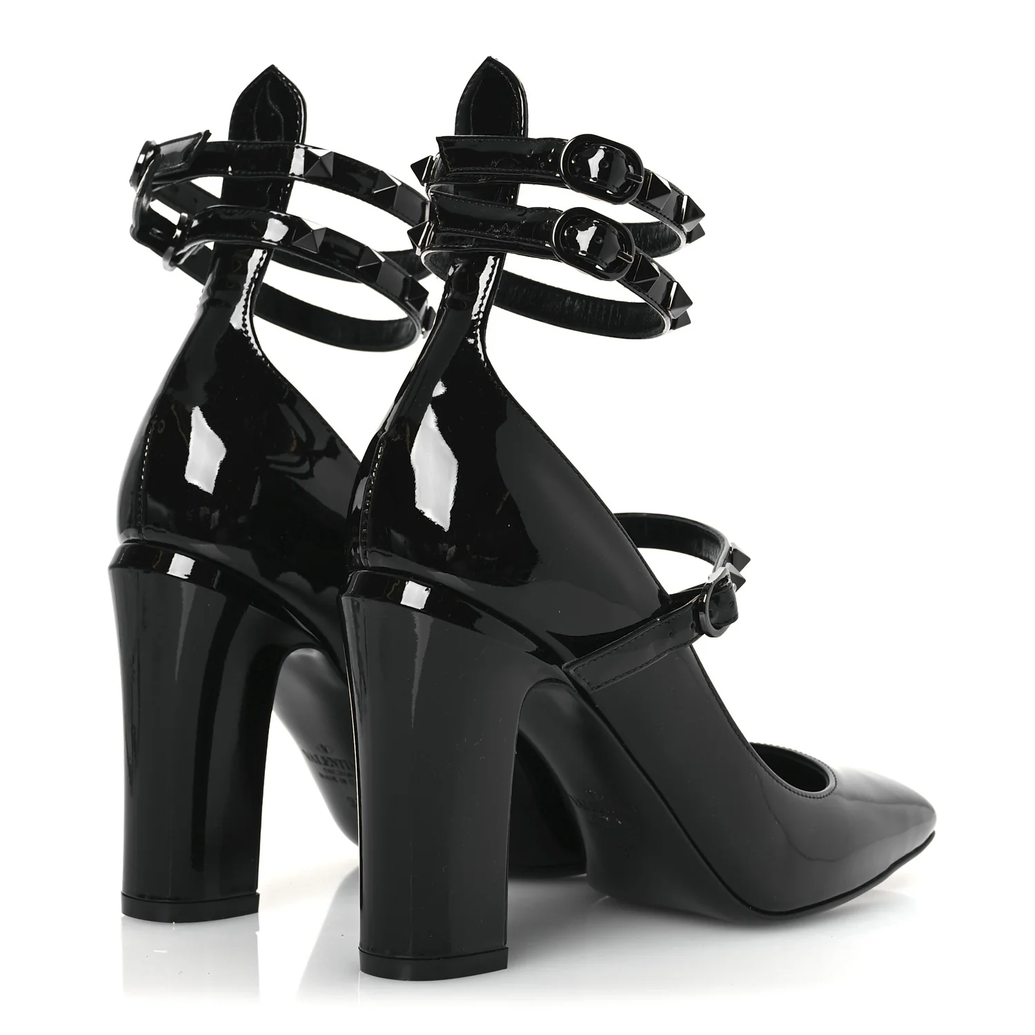 Patent Monochrome Rockstud Tan-Go Ankle Strap Pumps 37 Black - Top Club