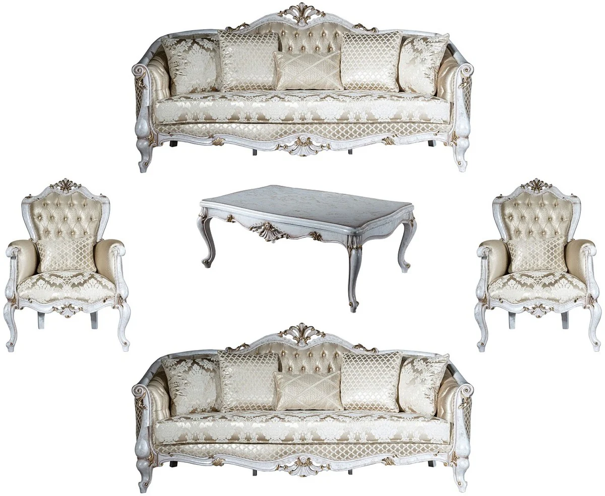 Luxury Baroque Living Room Set Gold Pattern / Antique White / Gold - 2 Sofas & 2 Armchairs & 1 Coffee Table - Living Room Furniture in Baroque Style - Noble & Magnificent