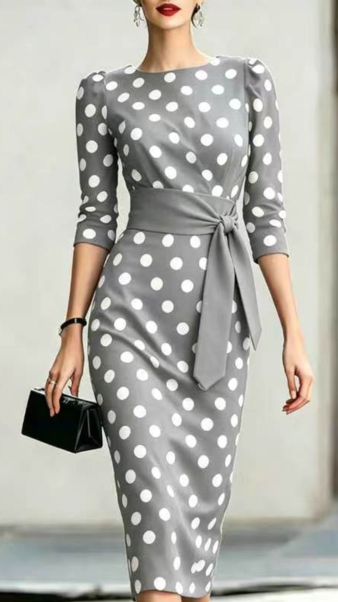 Women's Cotton‑blend Black‑white Polka‑dot Boat‑neck Mid‑sleeve Tie‑waist Bodycon Midi Dress - Nordfashionstorm - Women's Clothing, Fashion for You - Nordfashionstorm.com