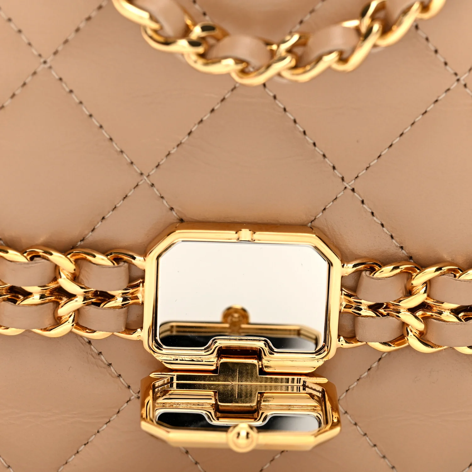 Shiny Aged Calfskin Quilted Clutch With Chain Dark Beige - Top Club