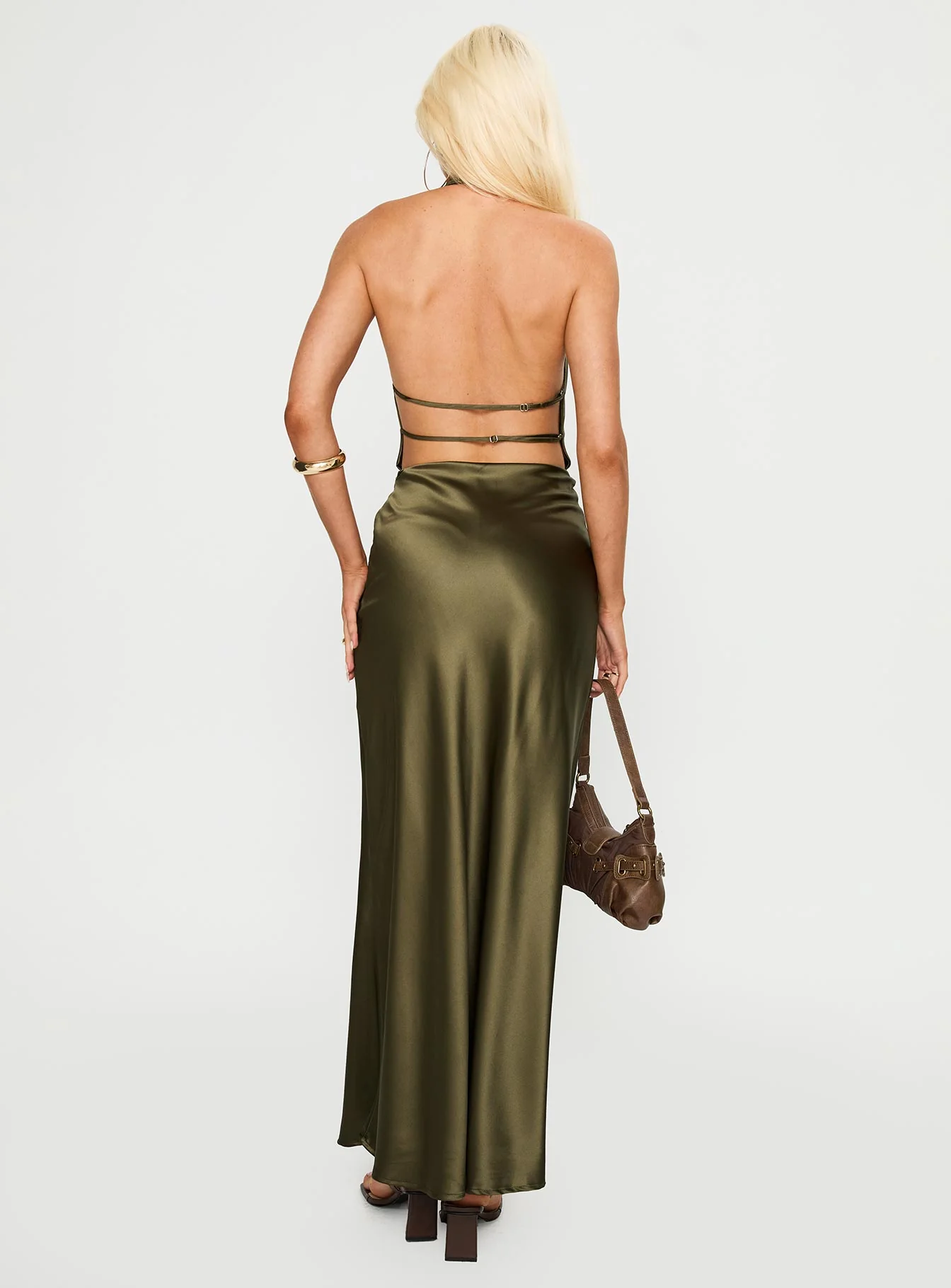 Iridescent Plunge Maxi Dress Olive Green