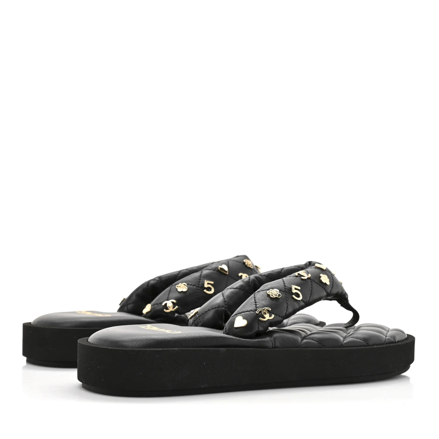 Lambskin Quilted Padded Charms Thong Sandals 36 Black - Top Club