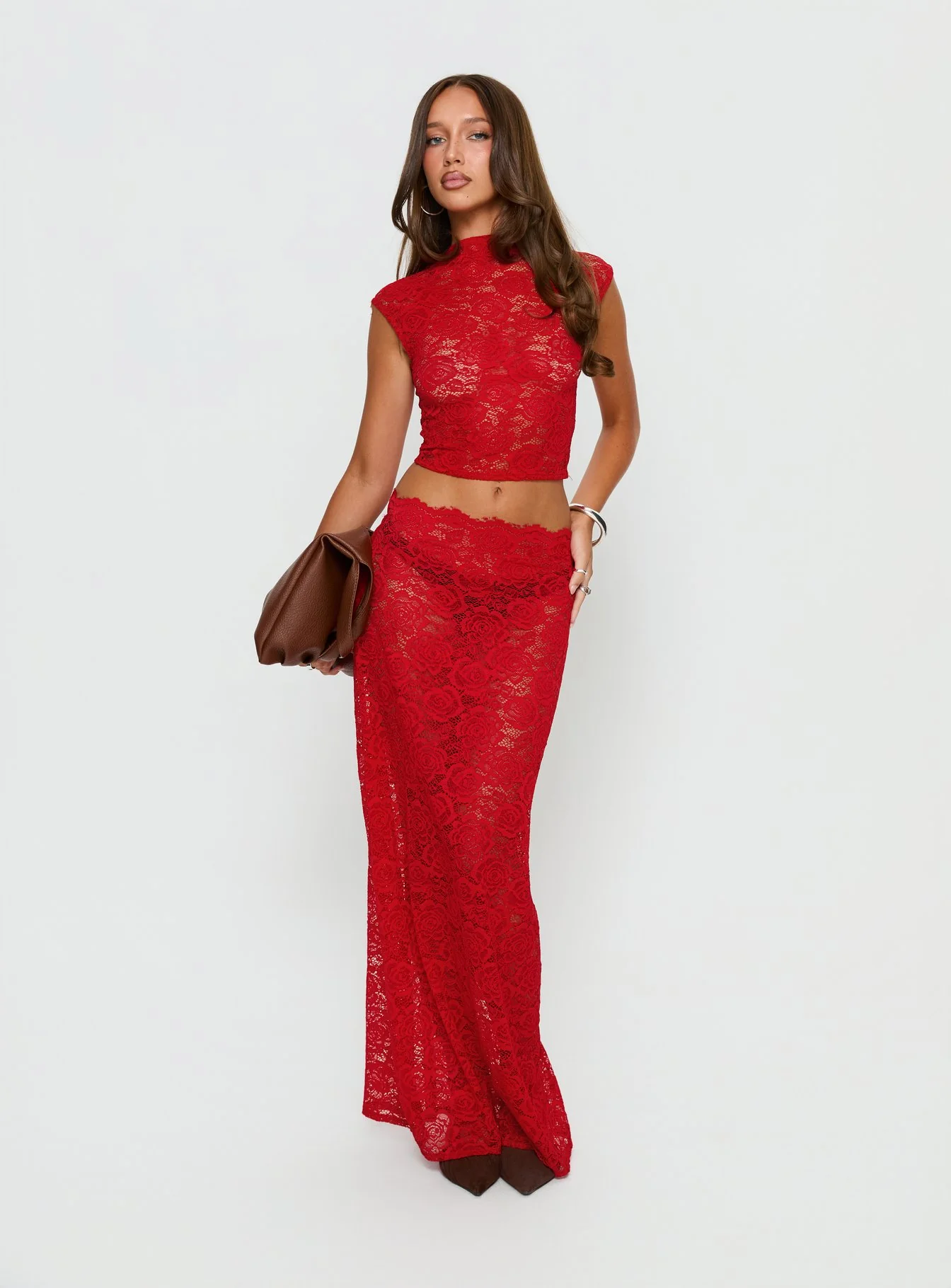 Vionna Lace Maxi Skirt Red