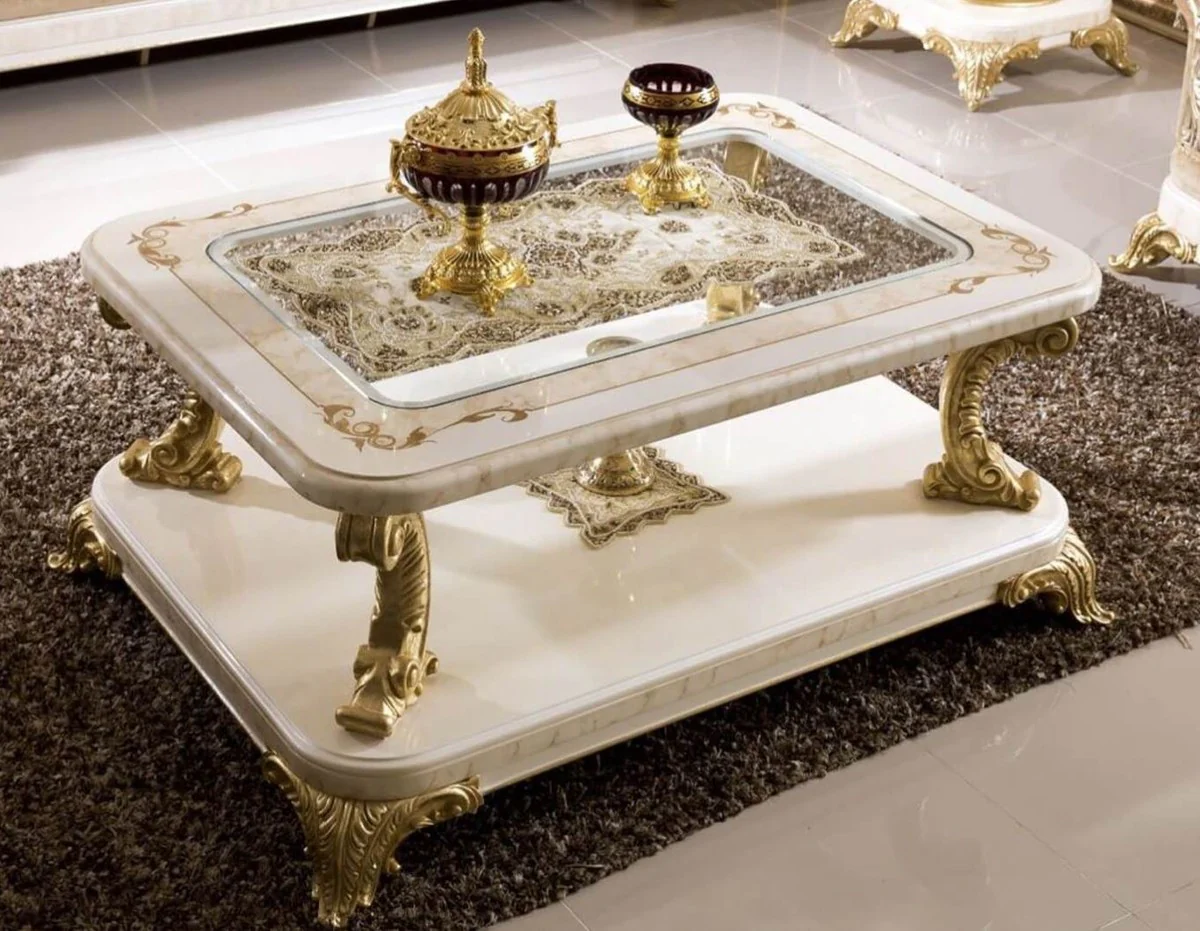 Luxury baroque coffee table with glass top white / beige / gold - magnificent solid wood living room table in baroque style - baroque living room furniture - noble & magnificent