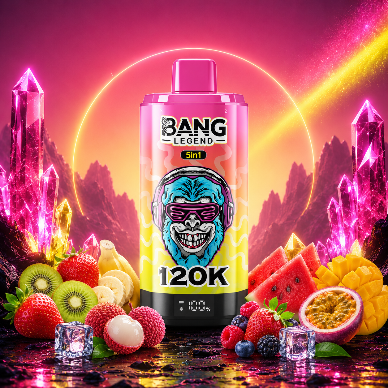 Jahoda a kiwi + Jahoda a banán + Ledové liči + Meloun a bobule + Maracuja a mango | Bang Legend vape 120 000 potahů