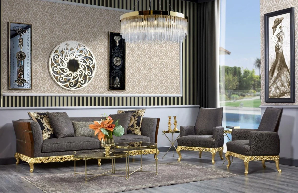 Luxury Baroque Sofa Gray / Dark Brown / Gold - Magnificent Living Room Sofa - Baroque Style Living Room Furniture - Luxury Furniture in Baroque Style - Baroque Furnishings - Noble & Magnificent
