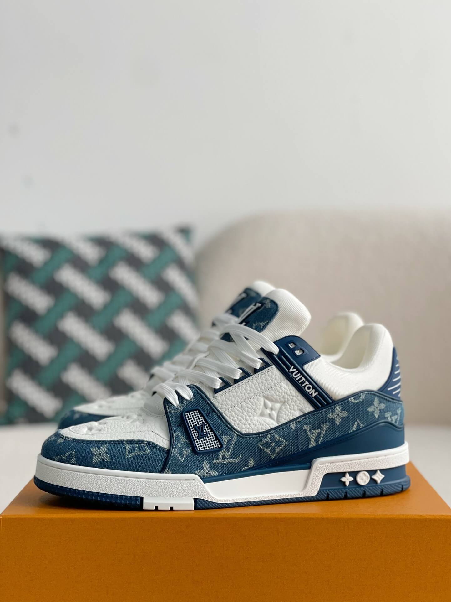 Louis Vuitton LV Trainer Monogram White Blue Denim Sneaker - Sneaker Replica Workshop