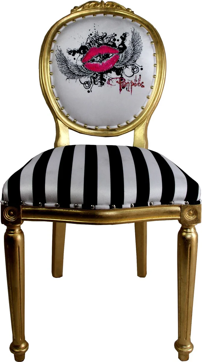 Pompöös by Luxury Baroque Dining Room Chair Black / White Stripes / Gold - Pink Lips - Pompööser Baroque Chair designed by Harald Glööckler