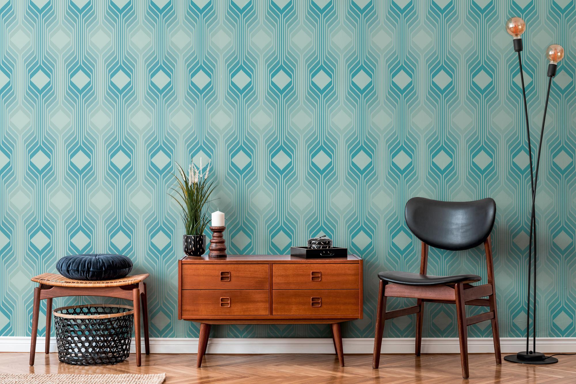 Vliesbehang ruitpatroon – blauw, lichtblauw, turquoise Ruitpatroon op retro vliesbehang – blauw, lichtblauw, turquoise #1