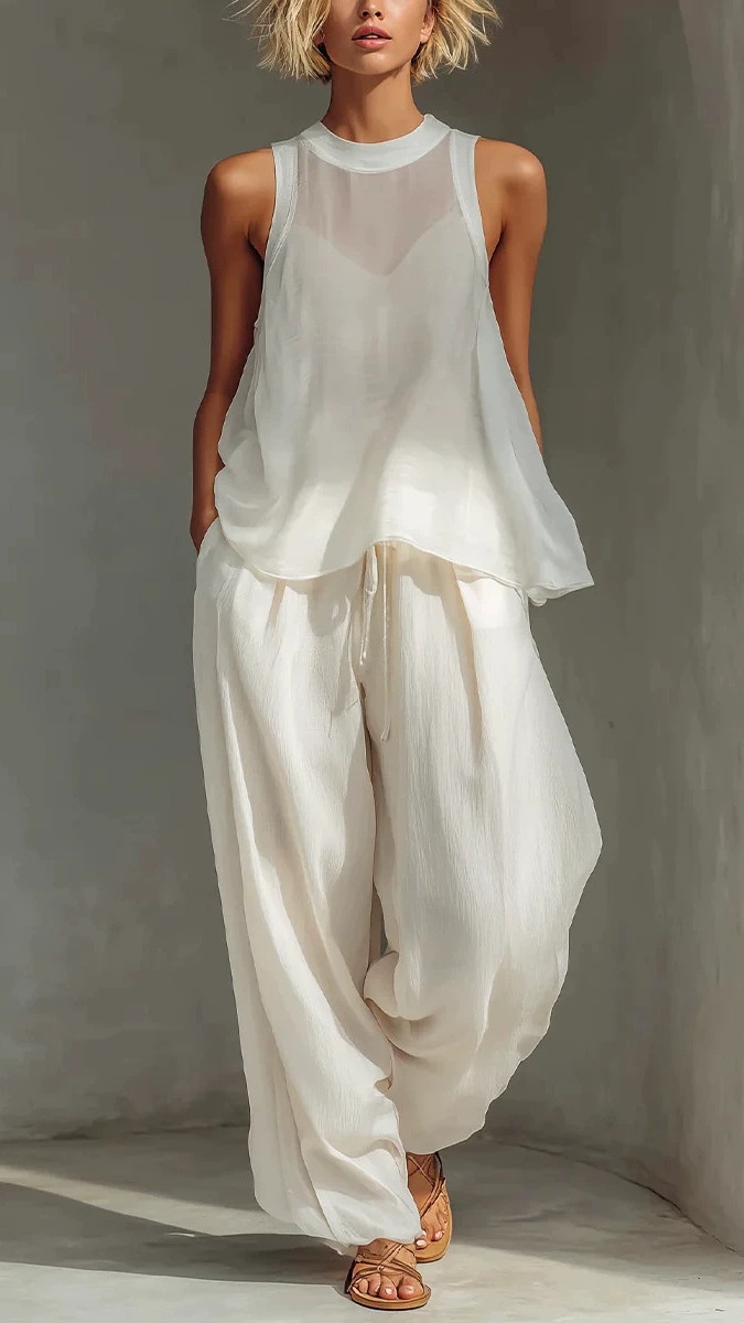 Women's Chiffon Semi-Sheer Round Neck Sleeveless Vest Drawstring Wide-Leg Pants Loose Fit Suit - Nordfashionstorm - Women's Clothing, Fashion for You - Nordfashionstorm.com