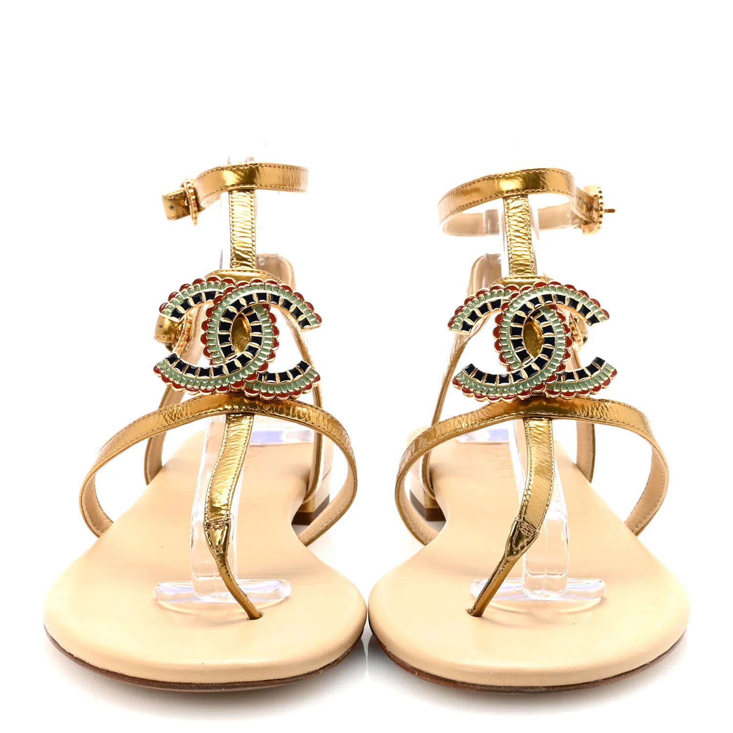Laminated Lambskin Enamel CC Thong Sandals 38.5 Golden - Top Club