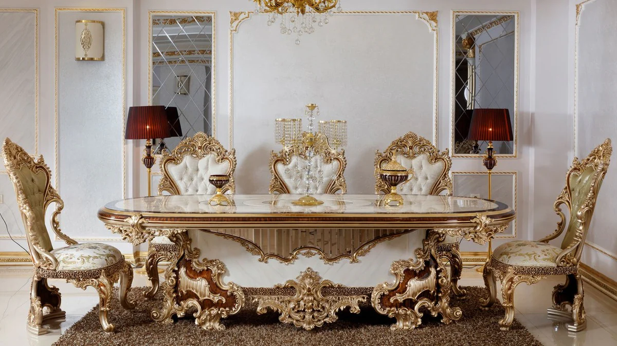 Luxury Baroque Dining Room Set White / Brown / Gold - 1 Baroque Dining Table & 6 Baroque Dining Room Chairs - Baroque Dining Room Furniture - Luxury Furniture in Baroque Style - Noble & Magnificent - Luxury Quality