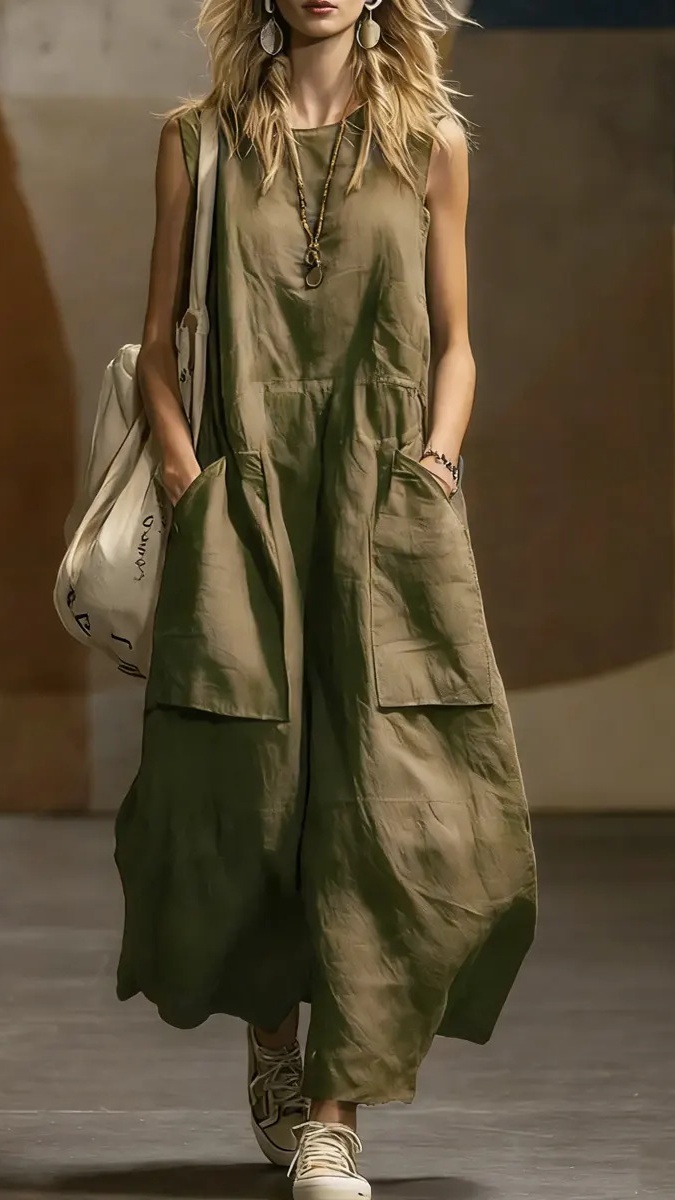 Women's Loose-Fit, Simple, Sleeveless Cotton-Linen Dress with Pockets - Nordfashionstorm - Women's Clothing, Fashion for You - Nordfashionstorm.com