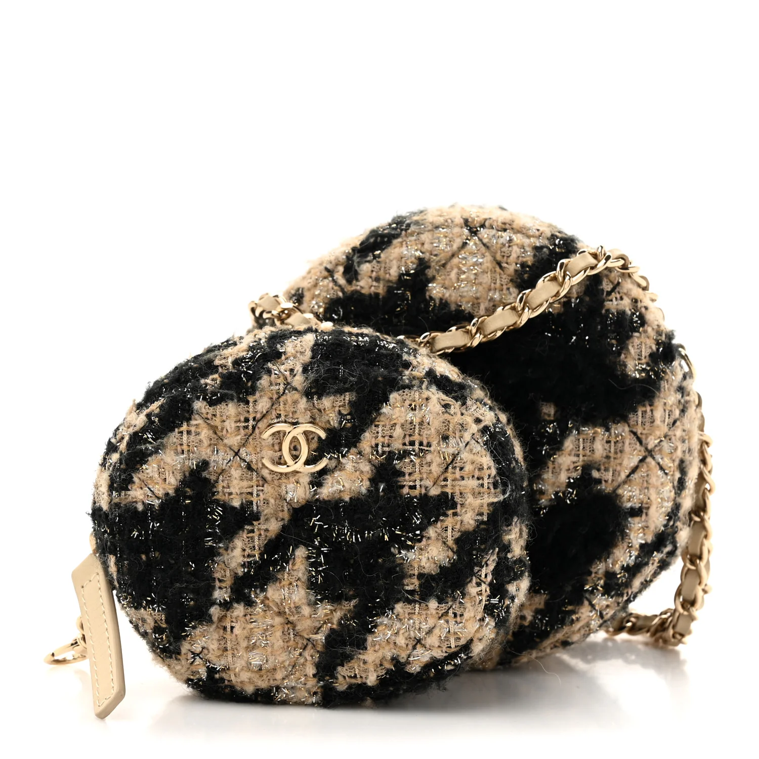 Tweed Shearling Round Clutch With Chain and Coin Purse Beige Black - Top Club