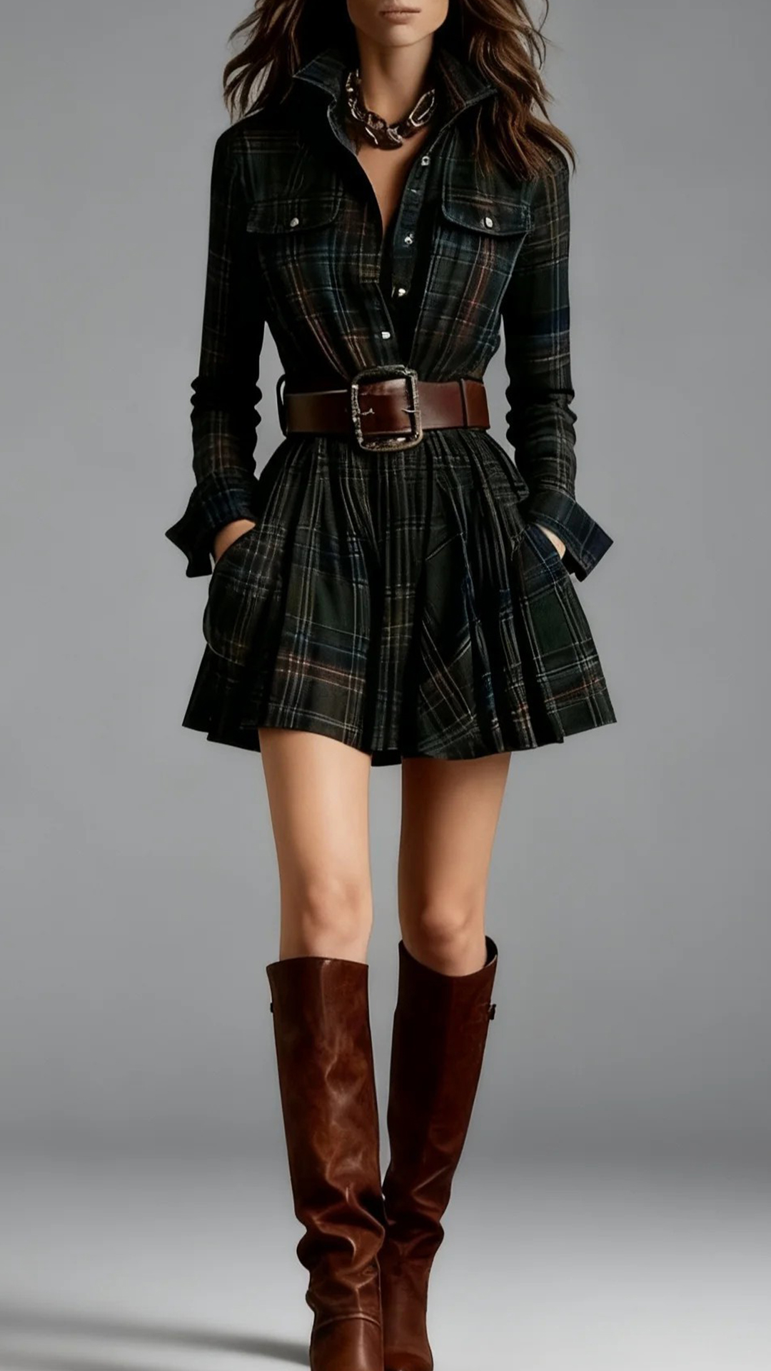Women's Cotton‑blend Plaid Long‑sleeve Lapel Belted Pleated Mini Dress - Nordfashionstorm - Women's Clothing, Fashion for You - Nordfashionstorm.com