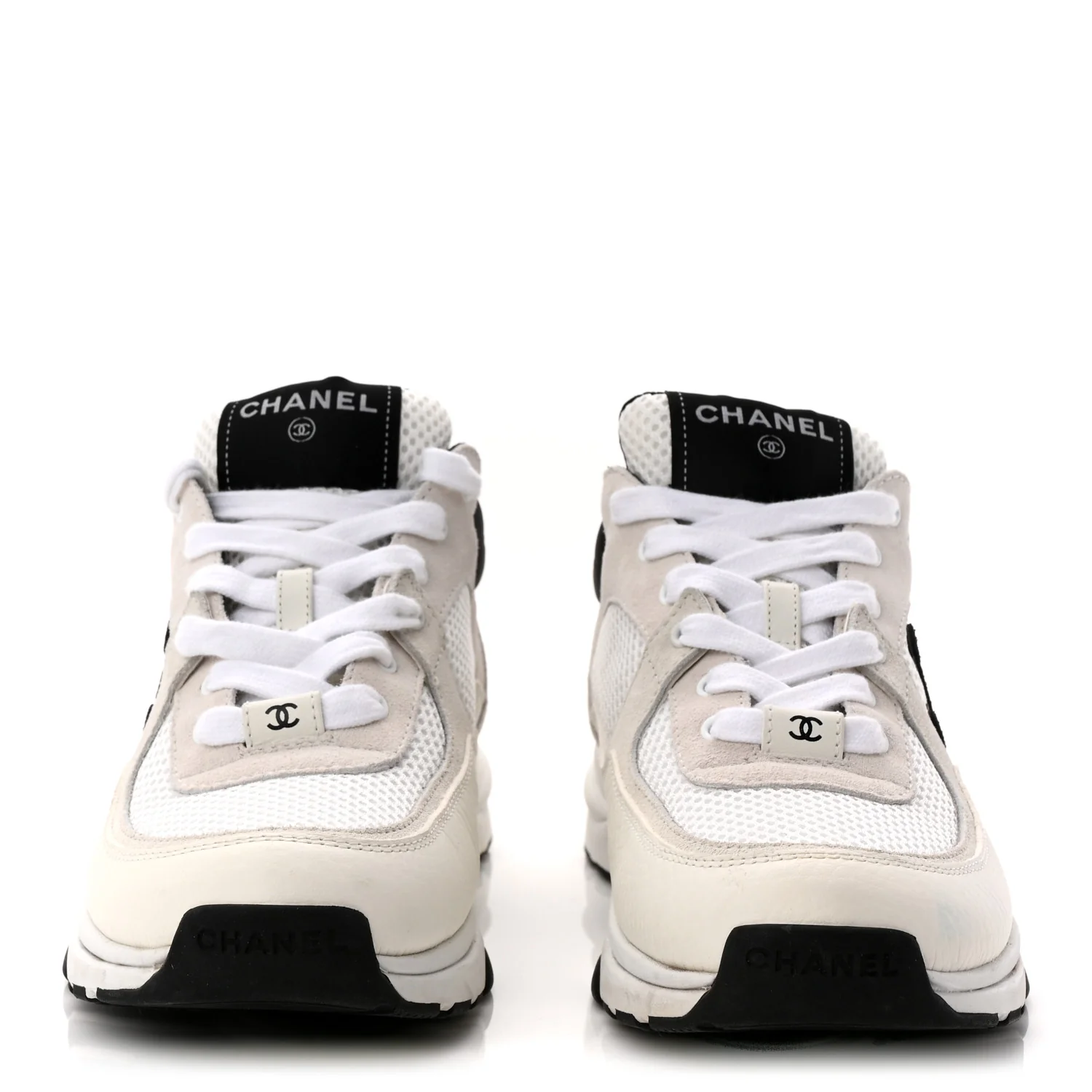 Mesh Suede Calfskin Grained Calfskin Womens CC Sneakers 37.5 White Black