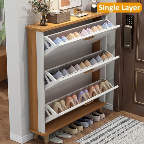 Slim Hidden Shoe Cabinet 3 Flip Drawers Shoe Storage Cabinet Wooden Tall Shoe Rack Closet Hallway Entryway Door Garage Closet