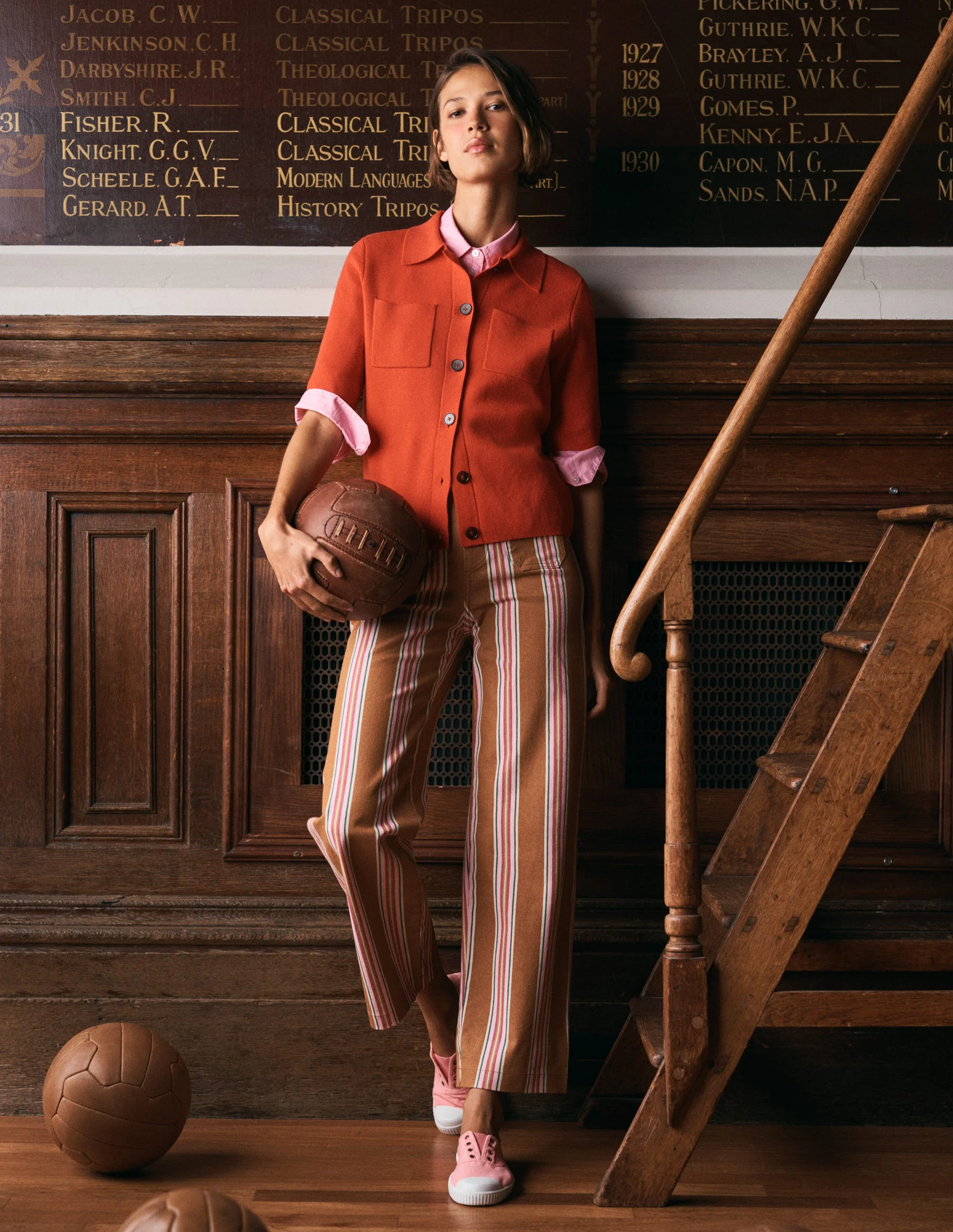 Primel Jeans mit aufgesetzter Tasche-Cognac, Rosa Streifen