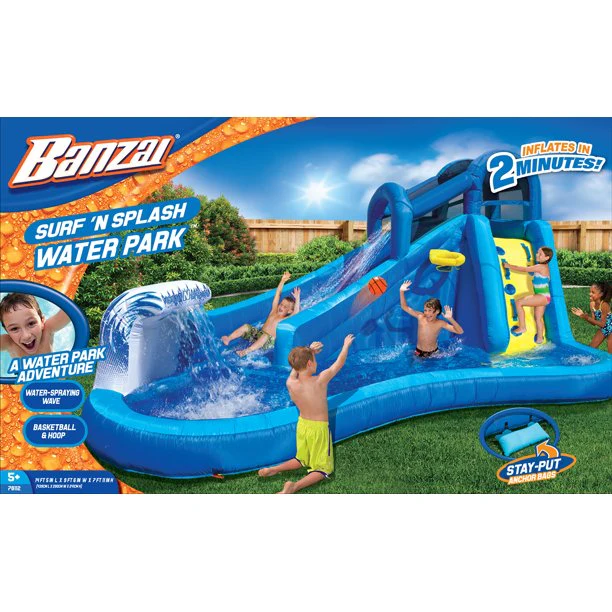 Banzai Surf N Splash Water Park Inflatable Water Slide with Basketball Hoop