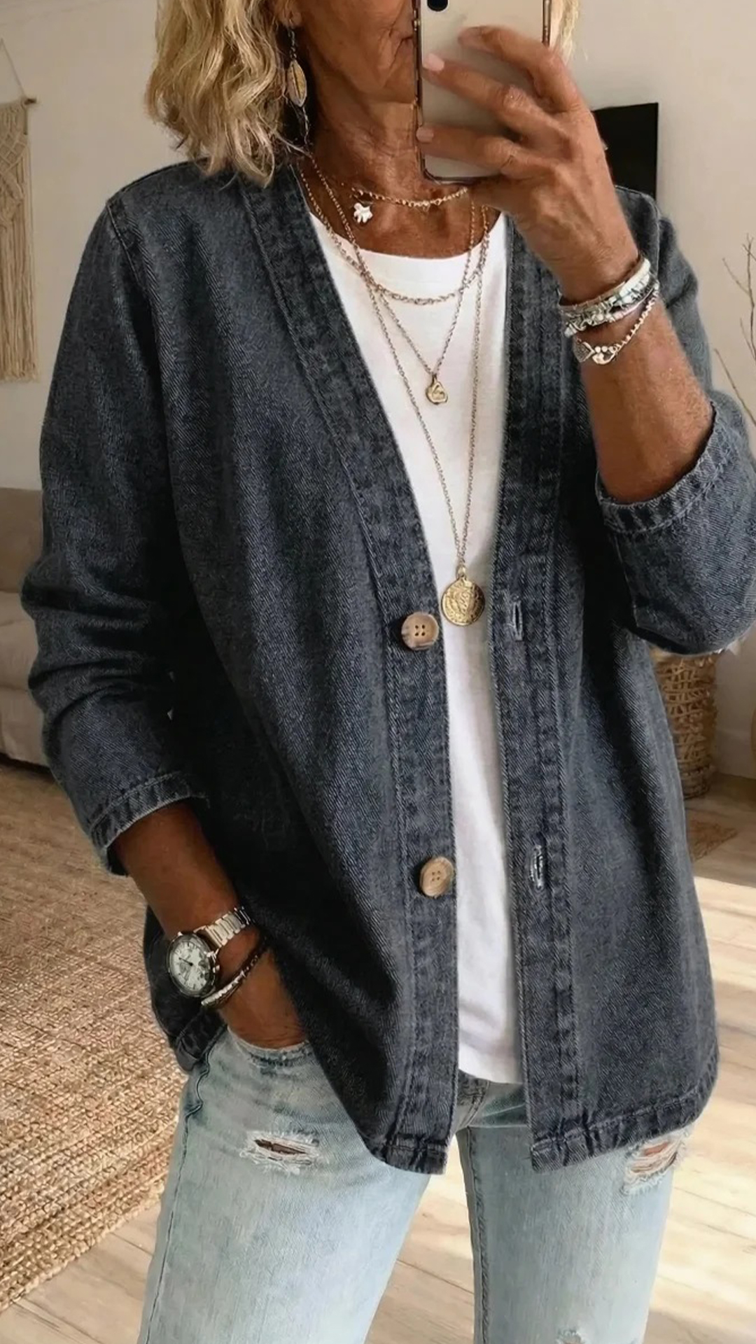 Women's Polyester Denim-Like V-Neck Cardigan - Nordfashionstorm - Women's Clothing, Fashion for You - Nordfashionstorm.com