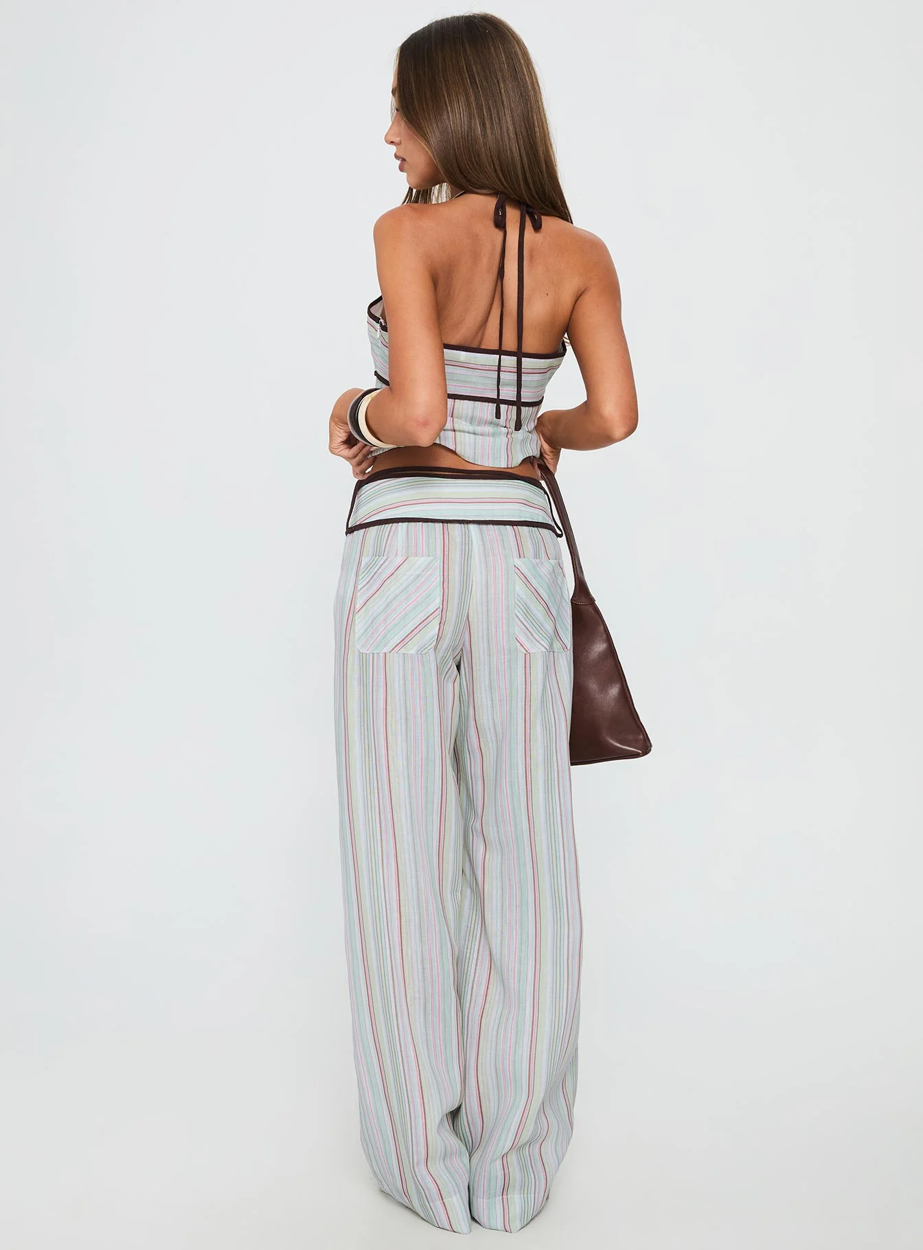 Taylar Thick Waistband Tie Pants Green Stripe