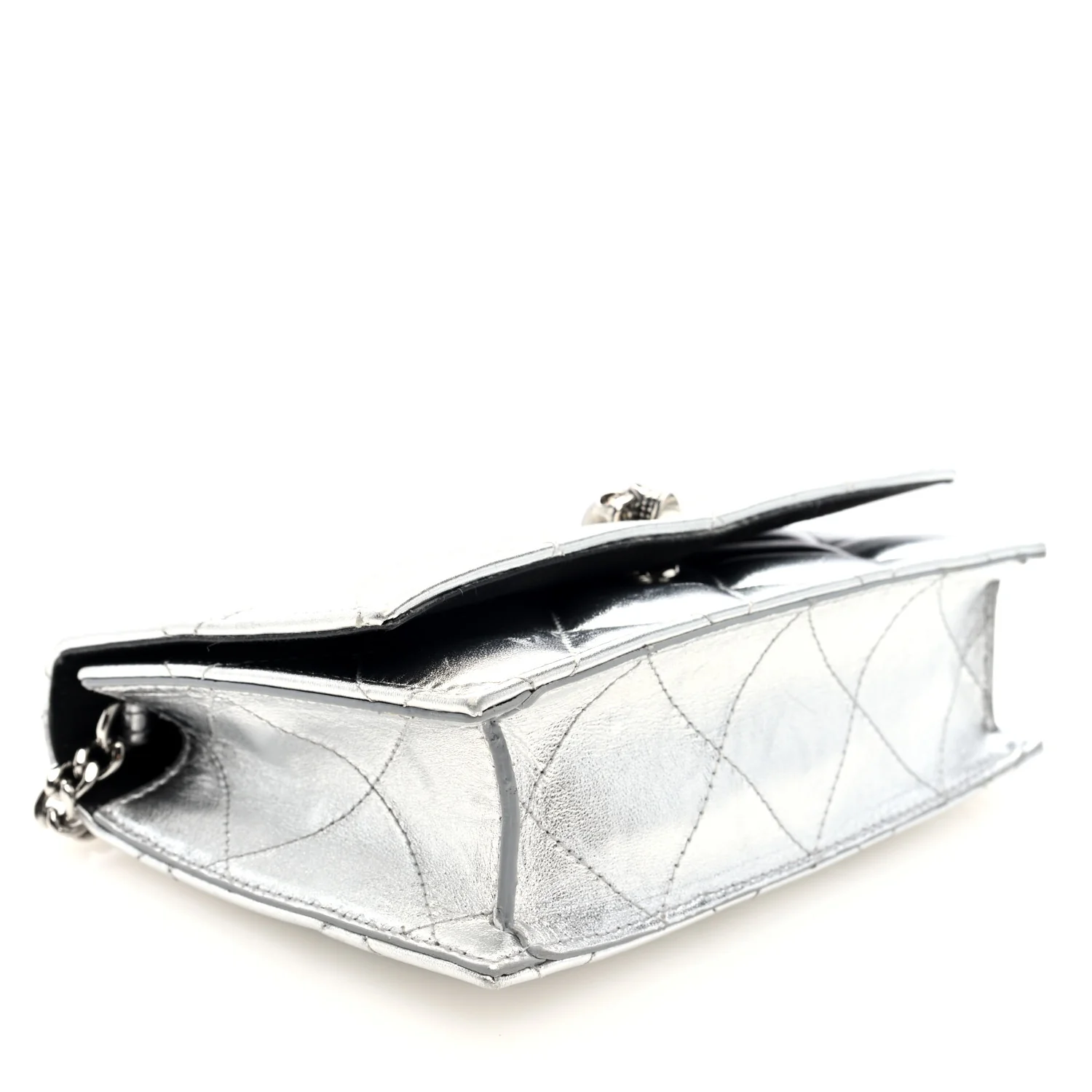 Metallic Calfskin Quilted Graffiti Skull Small Chain Crossbody Bag Silver - Top Club