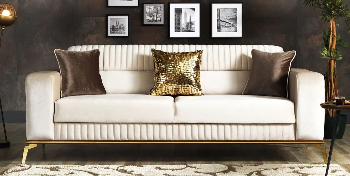 Luxury sofa bed cream / brown / gold 225 x 92 x H. 83 cm - living room sofa with 3 cushions - luxury living room furniture