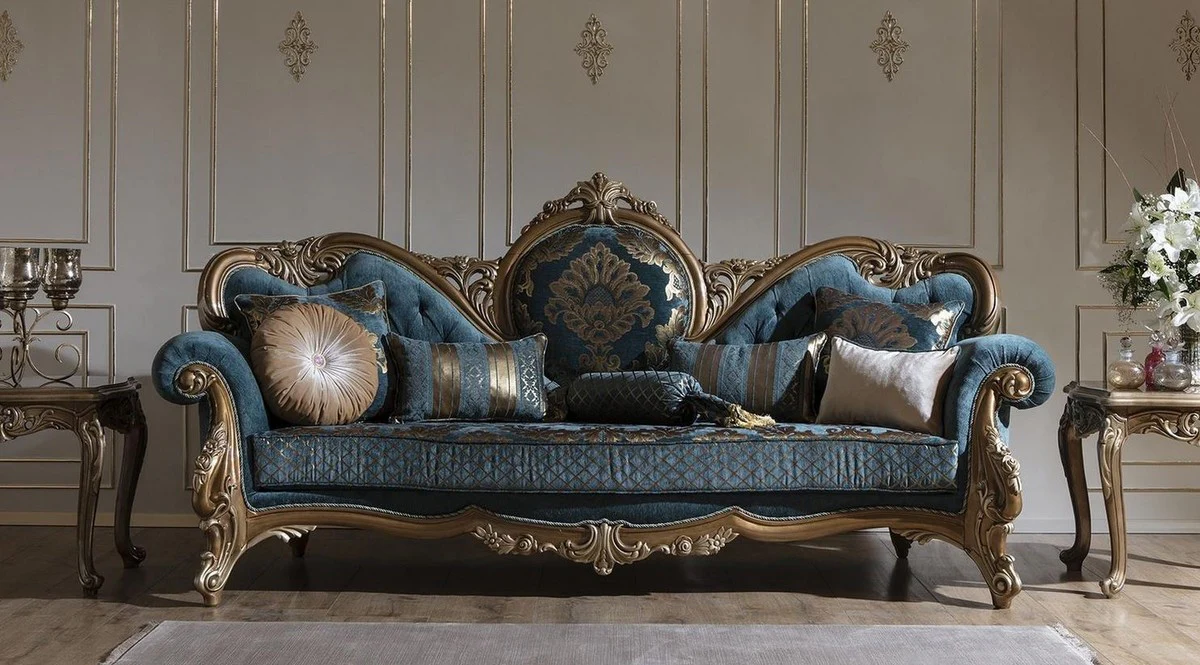 Luxury Baroque sofa blue / gold 260 x 90 x H. 125 cm - Magnificent living room sofa with elegant pattern and decorative pillows - Baroque furniture