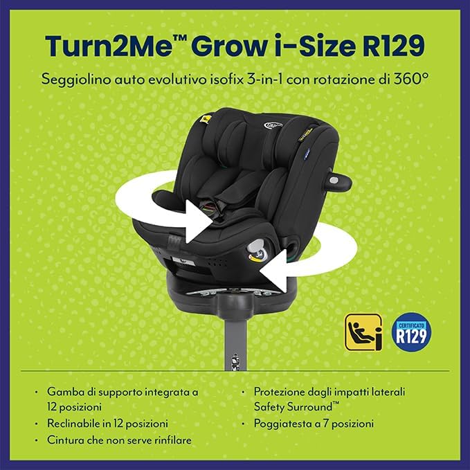 Graco - Turn2Me™ Grow i-Size R129 Seggiolino auto evolutivo isofix 3-in-1 con rotazione di 360°, da 40 a 125 cm (dalla nascita fino a 7 anni circa), colore Midnight